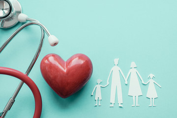 Wall Mural - Family paper cut out with red heart and stethoscope, heart health,  family health insurance concept, World heart day, world health day, blood organ donation, social distancing concept