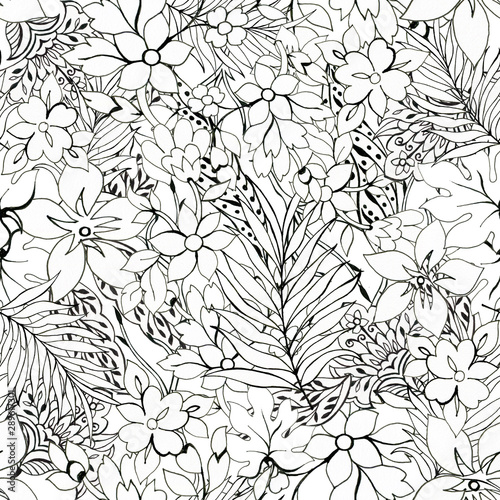 Black And White Outline Seamless Pattern Floral Background Flowers