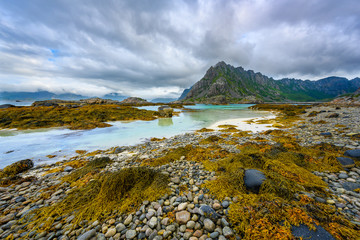 Sticker - Lofoten Islands, Northern Norway, views of the mountains and the sea on the roadside, cloudy days in summer