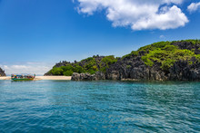 Banca Boat On Lahus Island Beach In The Municipality Of Caramoan, Camarines Sur Province, Luzon In The Philippines, Region For Survivor TV Shows Filming.