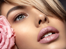 Beautiful Young Fashion Woman With Light Pink Lipstick. Beauty Model.