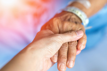 Geriatric doctor or geriatrician concept. Doctor physician hand on happy elderly senior patient to comfort in hospital examination room or hospice nursing home or wellbeing county.