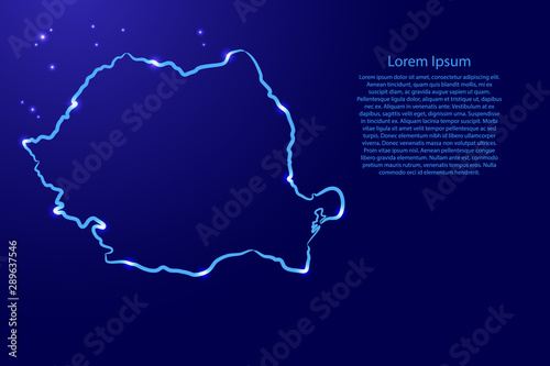 Cuadros en Lienzo Romania map from the contour blue brush lines different thickness and glowing stars on dark background