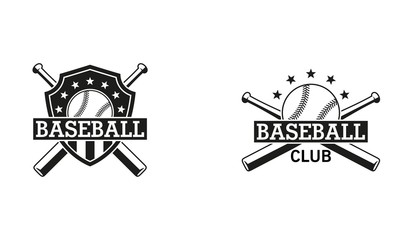  Black and white illustration of a baseball club emblem. Shield, bats, baseball and text with stars. Vector illustration on a sports theme.