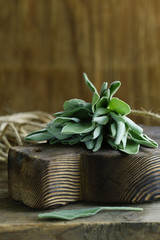 fresh organic green sage on a wooden table