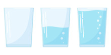 Flat Design Three Water Glass Icon Set In Cartoon Style Isolated On White Background, Full, Half And Empty Soda Glass.