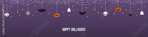 Happy Halloween garland, bunting with pumpkins, bats, ghosts, spider webs, sk...
