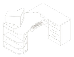 Poster - The contour of a computer desk with a large monitor keyboard and system unit. View isometric. Vector illustration.
