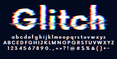 digital glitched alphabet distorted screen error effect, latin uppercase and lowercase letters glitc