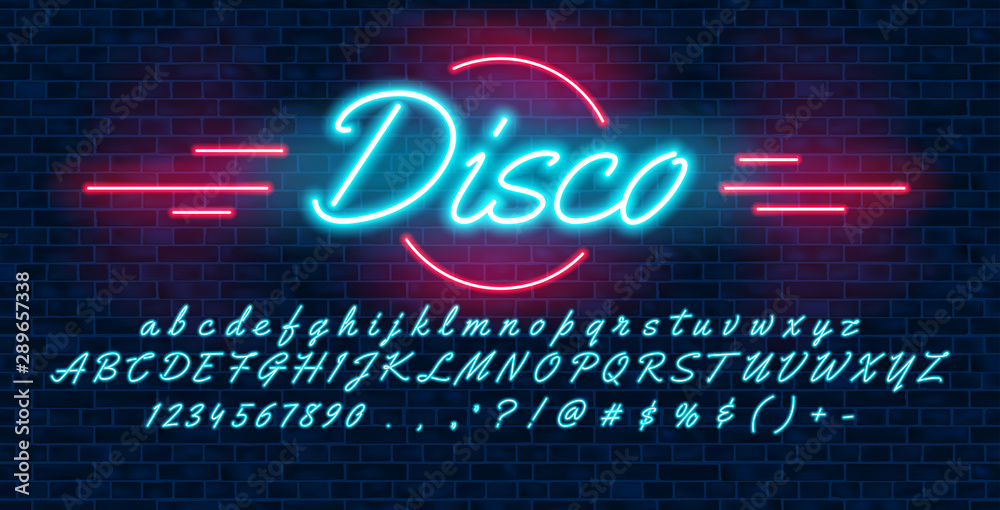 Neon light blue font hand drawin, english alphabet uppercase and lowercase letters and numbers, on brick background, vector illustration - obrazy, fototapety, plakaty 
