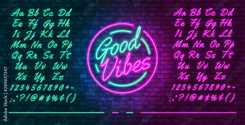 Neon futuristic font, luminous blue and pink uppercase and lowercase letters, colorful bright neon hand drawn typeface, glowing sign Good vibes, vector illustration - obrazy, fototapety, plakaty 