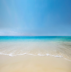 Wall Mural - Blue sea wave on sand beach. Summer sunny holiday relax background with copy space.