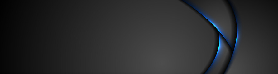 Black abstract wavy banner web header with blue neon light. Glowing tech background. Vector design