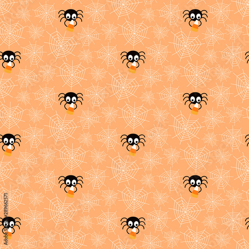 Hand drawn seamless vector pattern with cute spiders, webs, corn candy, on an...