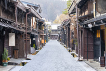 Takayama Old Town With Snow Falling In Gifu, Japan