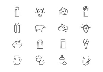 Milk products thin line vector icons. Editable stroke