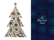 Christmas Tree With Toys From The Ballet Nutcracker. Christmas Card In Gold And Silver Colors.