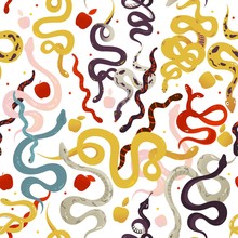 Snake Types - Cartoon Seamless Pattern With Different Colorful Snakes.