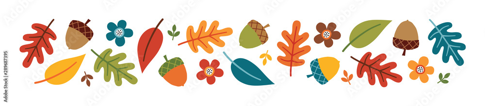 Vector autumn or fall banner with colorful autumn leaves, acorns and flowers, isolated on white. Cute kawaii border with seasonal elements in flat style for Thanksgiving, web or print advertising. - obrazy, fototapety, plakaty 