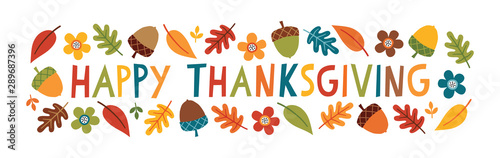 Vector Happy Thanksgiving Banner With Cute Hand Made Text Autumn Leaves Flowers And Acorns Colorful Kawaii Nature Illustration For Thanksgiving Web Banner Advertising Poster Marketing Buy This Stock Vector And Explore