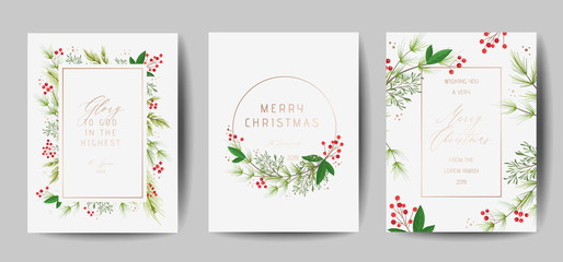 set of elegant merry christmas and new year 2020 cards with pine wreath, mistletoe, winter plants de