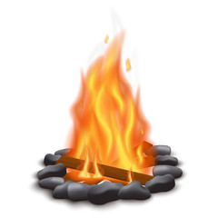 Wall Mural - Realistic bonfire flame with stone footing and wood logs isolated on white background