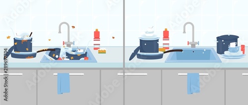 Cuadros en Lienzo Clean and dirty dishes in the kitchen sink flat vector illustration isolated