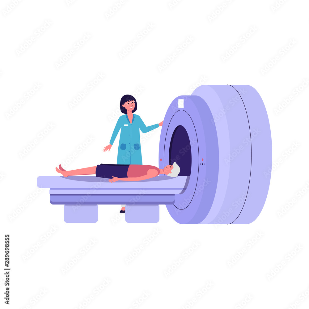 Cartoon doctor putting patient in MRI machine - flat isolated vector ...