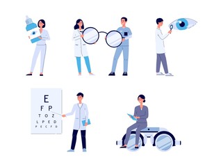 Wall Mural - Eye doctor staff set - flat cartoon people in medical uniform holding equipment