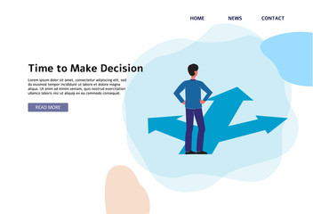 Time to make a decision - flat banner template with cartoon man on crossroad