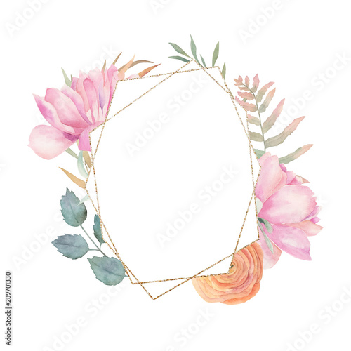 Watercolor floral card with leaves, gold glitter elements and peonies. Hand d...