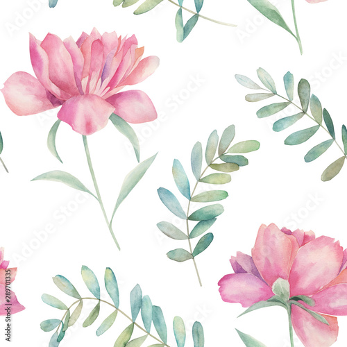 Watercolor seamless pattern. Vintage print with peony flowers and eucalyptus ...