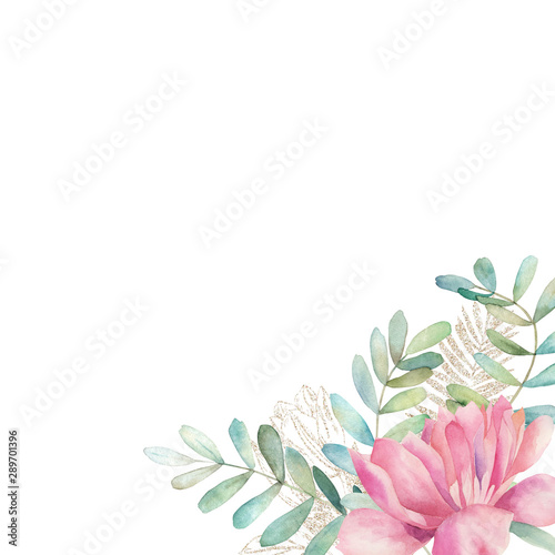 Watercolor floral card with eucalyptus branch, gold glitter elements and peon...