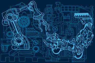 Vector background featuring abstract industry or robotics concept. Fantasy technology or factory illustration with decorative fantasy robot arm sketch elements.  Hand drawn.