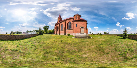 Wall Mural - full seamless spherical hdri panorama 360 degrees angle view near neo gothic catholic church in small village in equirectangular projection with zenith and nadir, AR VR content