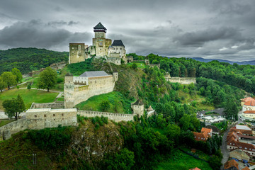 Aerial panorama view of Trencin castle with medieval donjon  in Slovakia above the Vah river