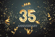 Golden numbers, 35 years anniversary celebration on dark background and confetti. celebration template, flyer. 3D illustration, 3D rendering