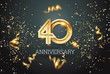 Golden numbers, 40 years anniversary celebration on dark background and confetti. celebration template, flyer. 3D illustration, 3D rendering
