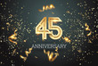 Golden numbers, 45 years anniversary celebration on dark background and confetti. celebration template, flyer. 3D illustration, 3D rendering