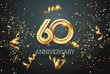 Golden numbers, 60 years anniversary celebration on dark background and confetti. celebration template, flyer. 3D illustration, 3D rendering