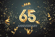 Golden numbers, 65 years anniversary celebration on dark background and confetti. celebration template, flyer. 3D illustration, 3D rendering