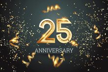 Golden Numbers, 25 Years Anniversary Celebration On Dark Background And Confetti. Celebration Template, Flyer. 3D Illustration, 3D Rendering