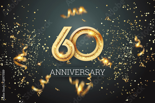 Fotografía Golden numbers, 60 years anniversary celebration on dark background and confetti