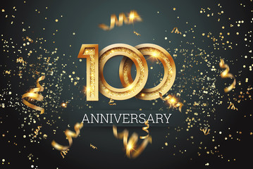 golden numbers, 100 years anniversary celebration on dark background and confetti. celebration templ
