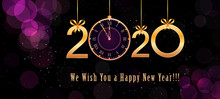 2020 Happy New Year Text Design With Hanging Golden Numbers, Ribbon Bows And Vintage Clock On Abstract Purple Background With Bokeh Effect, Glitter. Holiday Banner, Poster Template. End Of The Year