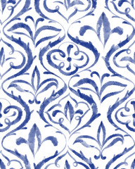  Blue and white royal baroque and damask pattern. Seamless background Islamic classic style, vintage elements for design porcelain, ceramic, tile, wall, fabric, Abstract Orient wallpaper decoration