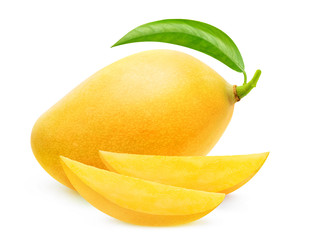 Isolated yellow mango. One whole mango fruit and two slices isolated on white background with clipping path