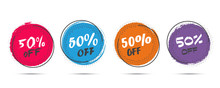 Set Of Grunge Sticker With 50 Percent Off In A Flat Design With Halftone. For Sale, Promotion, Advertising