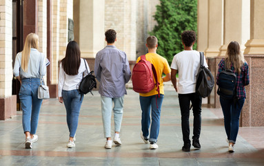 College friends walking together in hall after studies