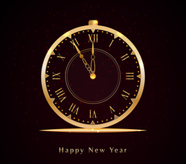 Wall Mural - happy new year eve design with golden vintage clock and text isolated on black background with glitt